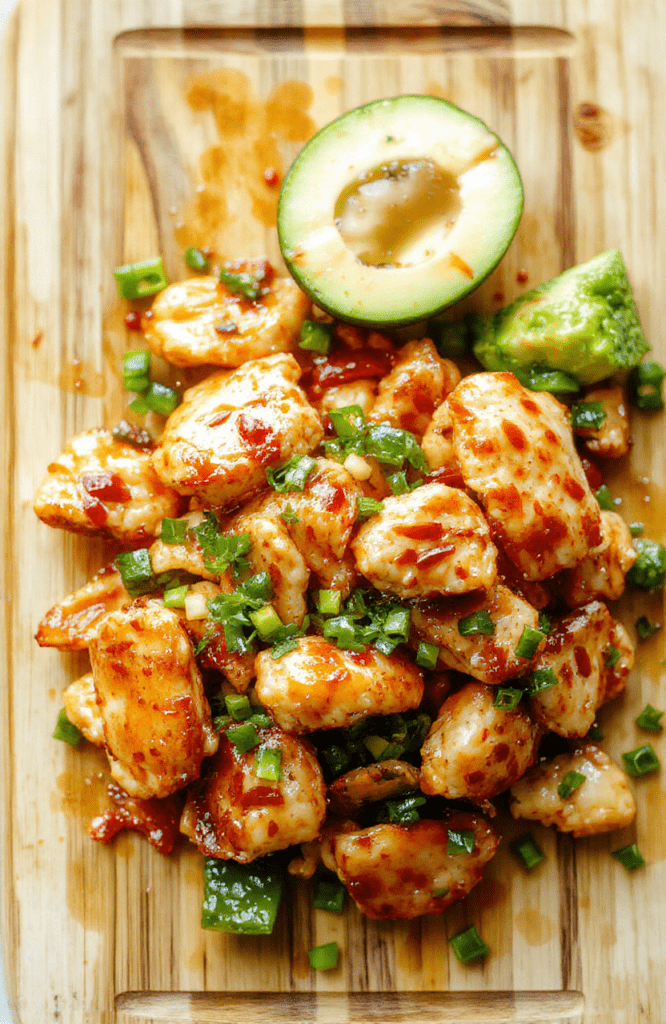 Glossy glazed chicken strips with caramelized edges, nestled beside crisp-tender broccoli florets and sliced carrots over steamed jasmine rice, garnished with sesame seeds and sliced green onions on a simple white ceramic plate against a light wooden table.