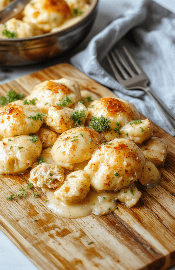 A steaming bowl of tender shredded chicken in creamy bisque-like gravy, nestled with fluffy, golden-brown dumplings, garnished with fresh parsley and black pepper, served in a rustic ceramic bowl on a wooden table with natural sunlight.