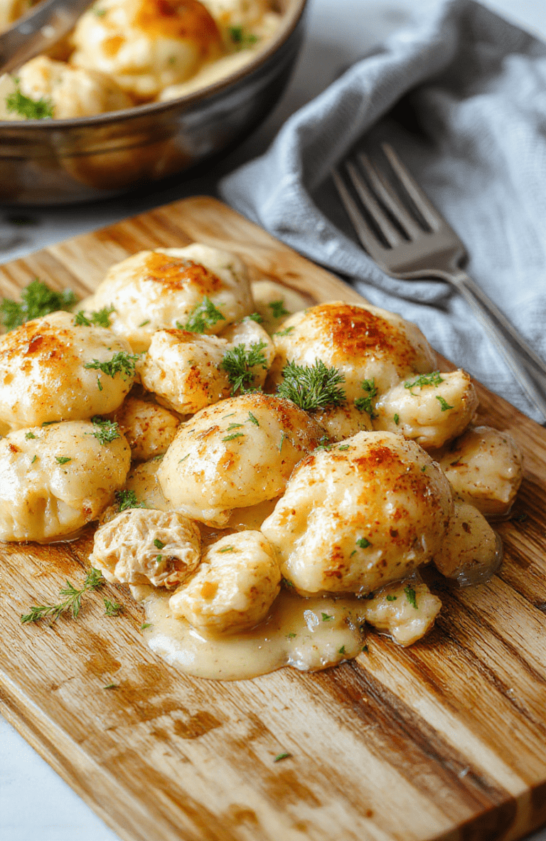 A steaming bowl of tender shredded chicken in creamy bisque-like gravy, nestled with fluffy, golden-brown dumplings, garnished with fresh parsley and black pepper, served in a rustic ceramic bowl on a wooden table with natural sunlight.