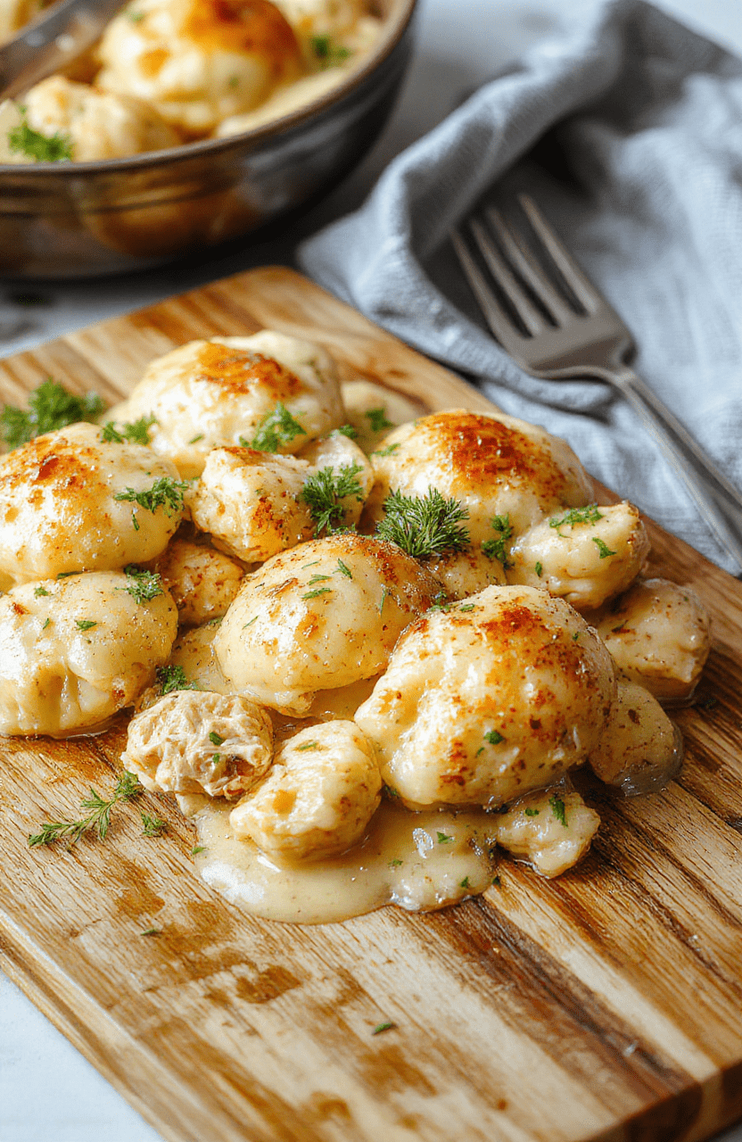 A steaming bowl of tender shredded chicken in creamy bisque-like gravy, nestled with fluffy, golden-brown dumplings, garnished with fresh parsley and black pepper, served in a rustic ceramic bowl on a wooden table with natural sunlight.