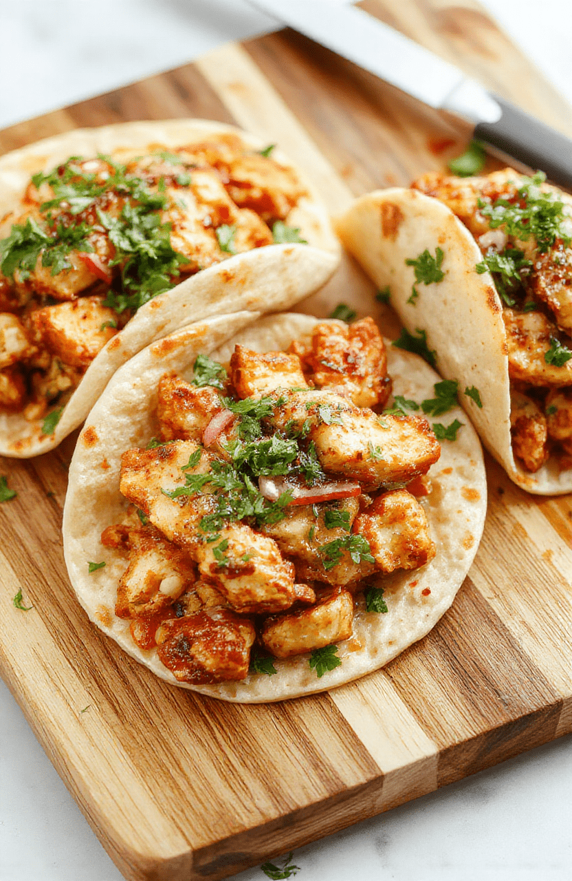 Juicy shredded chicken in soft warm corn tortillas, topped with vibrant pink pickled onions, fresh cilantro, diced avocado, and a squeeze of lime, served on a rustic wooden board with a side of black beans and lime wedges