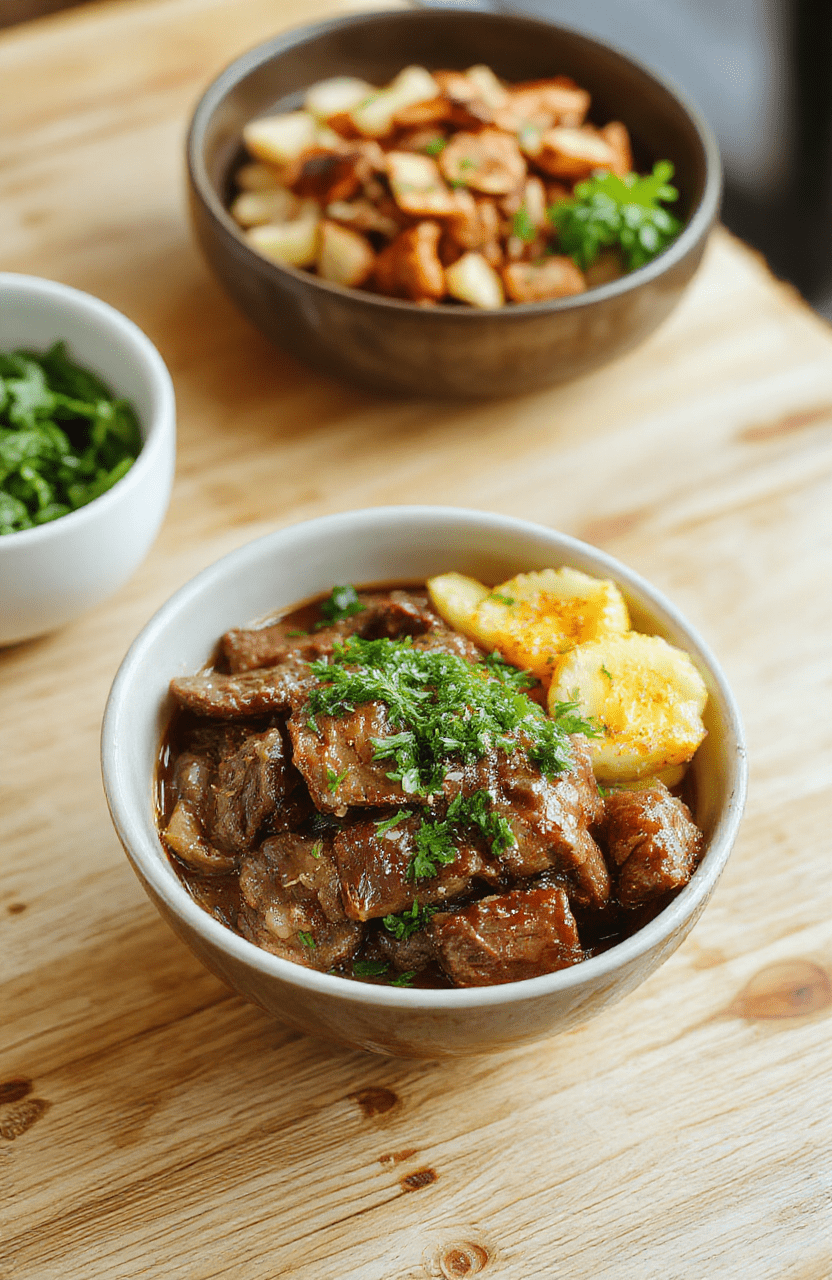 A vibrant Korean beef bowl topped with fluffy white rice, tender bulgogi-style beef slices glistening with glossy sauce, fresh green scallions, toasted sesame seeds, and a soft-boiled egg halves placed on the side. The dish is served in a simple white ceramic bowl against a light wood table surface with soft natural shadows and subtle steam rising from the hot rice.