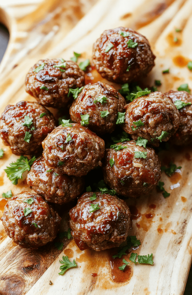Juicy brown Mongolian meatballs glistening with glossy savory-sweet glaze, nestled on a bed of fluffy white rice, garnished with chopped green onions and sesame seeds, against a warm wooden cutting board background with subtle steam rising.