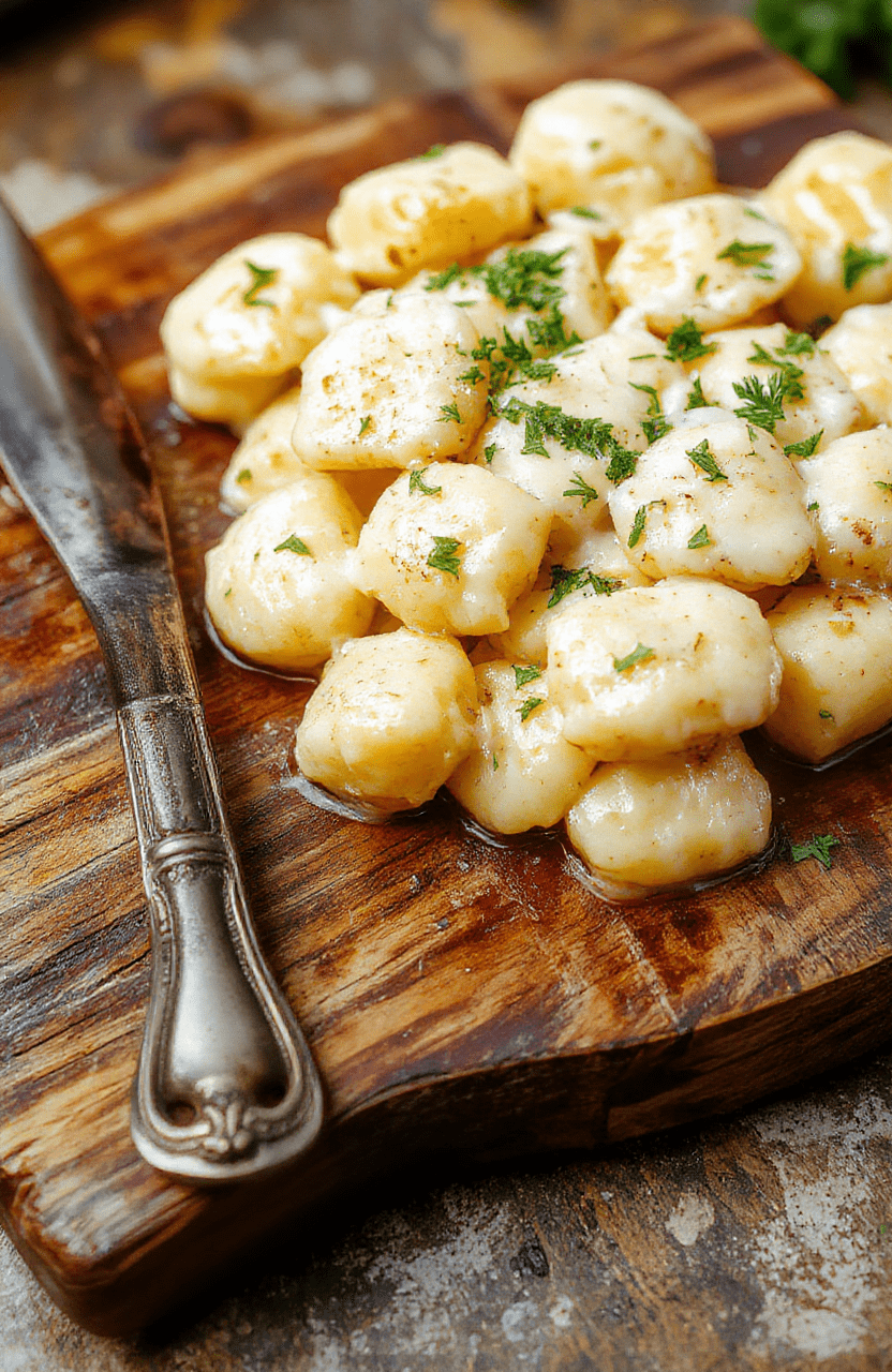 One-pan gnocchi dish with golden-browned ricotta-pan-seared gnocchi, wilted spinach, and cherry tomatoes in a creamy garlic sauce, garnished with fresh basil and grated parmesan on a rustic wooden board.
