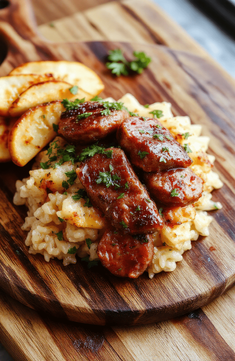 A steaming skillet of golden-brown Italian sausage slices with fluffy white rice, sweet bell peppers, and onion, topped with fresh parsley and a drizzle of olive oil on a rustic wooden board.