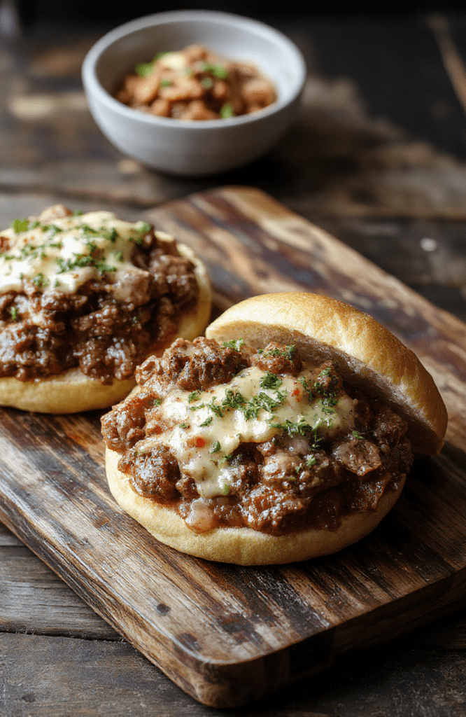 A generous portion of savory Philly cheesesteak-style ground beef and onions served in a toasted hoagie roll, topped with melty provolone cheese and fresh green peppers, with visible grill marks and glistening juices on the meat