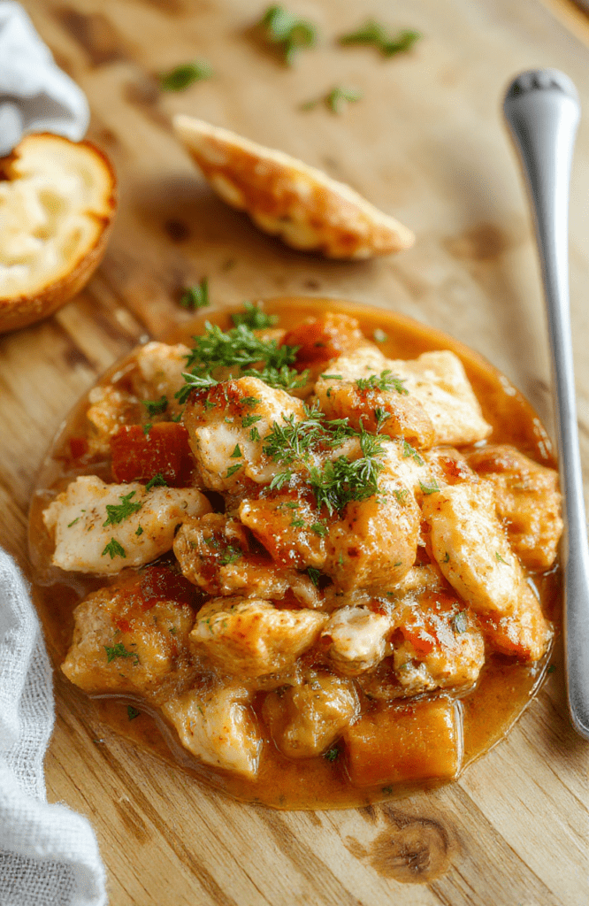 A rustic ceramic bowl filled with tender chunks of slow-cooked chicken, carrots, potatoes, celery, and pearl onions in a rich, velvety brown broth, garnished with fresh parsley, steam rising, placed on a wooden table with soft natural light.