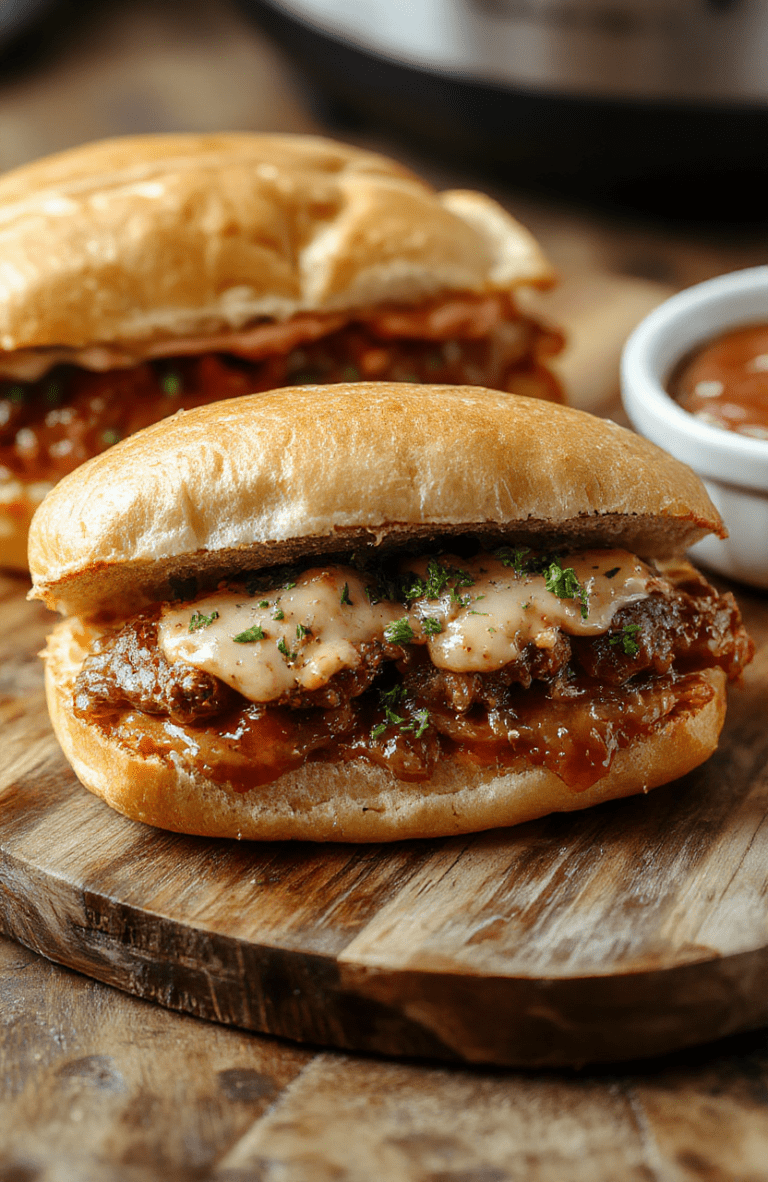 Tender slow-cooker roast beef piled high on a crusty French roll, topped with melted Swiss cheese and nestled alongside a small ramekin of rich au jour sauce, garnished with fresh thyme and sliced onions, on a rustic wooden board with soft natural lighting and wooden textures.