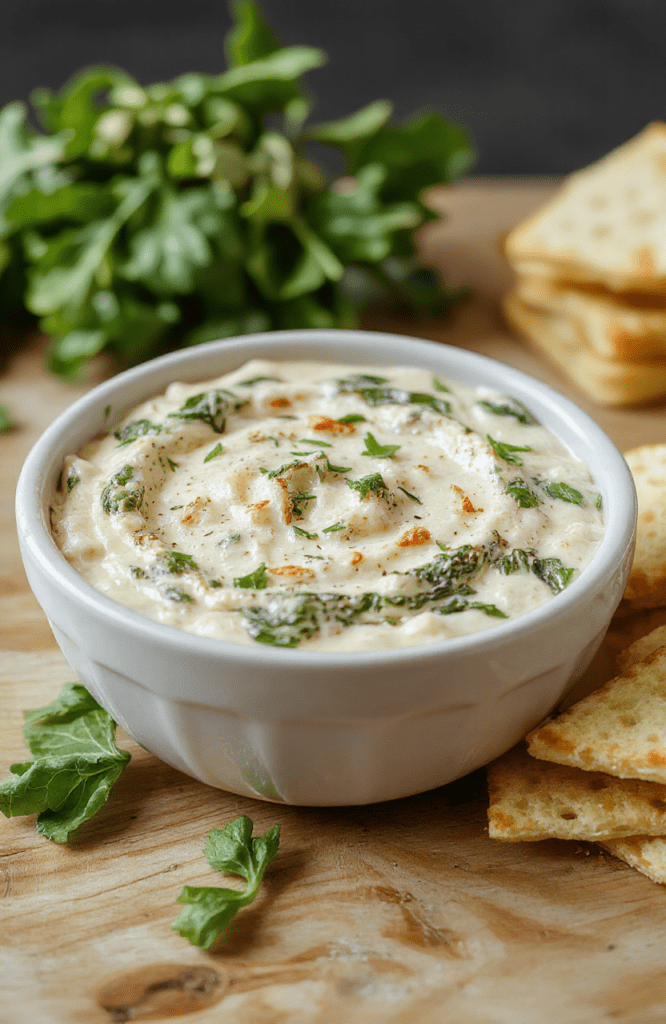 Creamy warm spinach artichoke dip in a rustic ceramic crockpot, garnished with fresh parsley and red pepper flakes, served with toasted bread slices and tortilla chips on a wooden board, soft natural lighting, shallow depth of field, vibrant green and white textures visible.