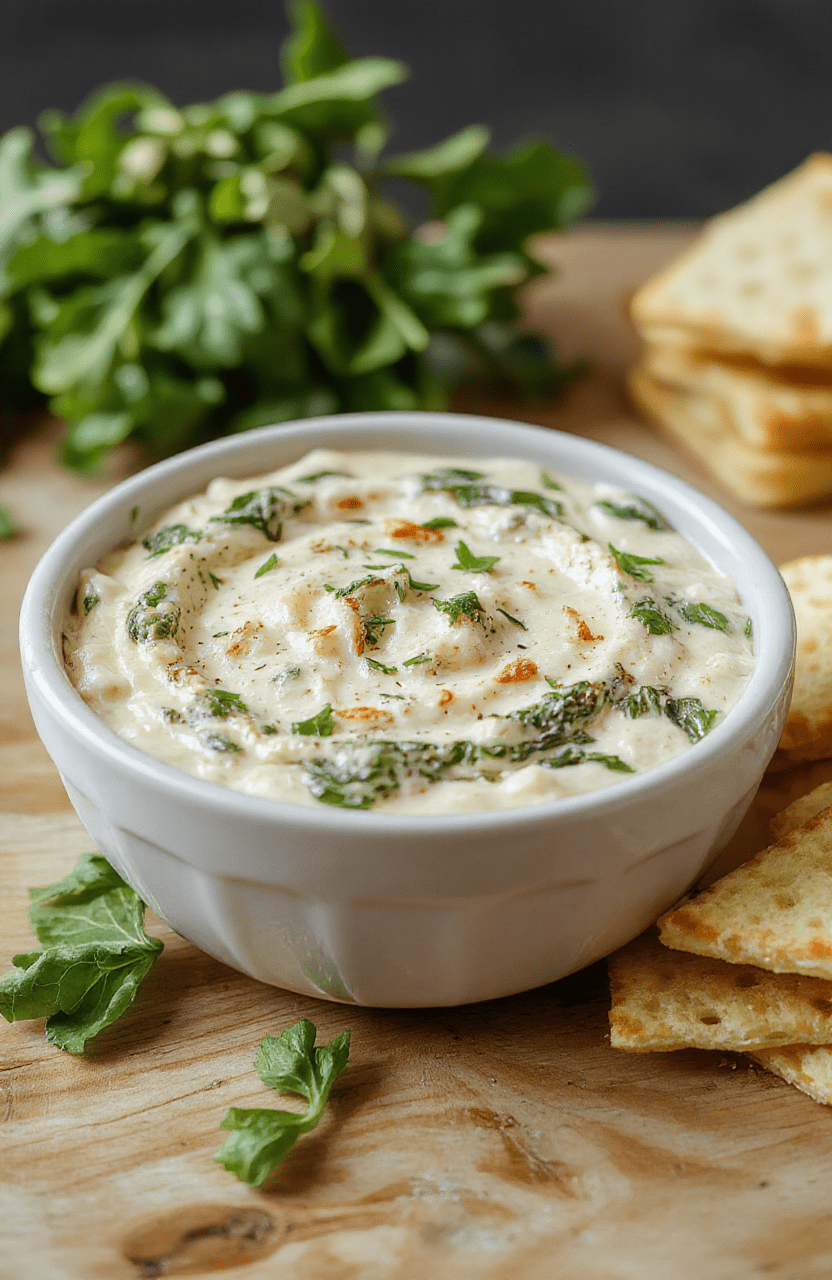Creamy warm spinach artichoke dip in a rustic ceramic crockpot, garnished with fresh parsley and red pepper flakes, served with toasted bread slices and tortilla chips on a wooden board, soft natural lighting, shallow depth of field, vibrant green and white textures visible.
