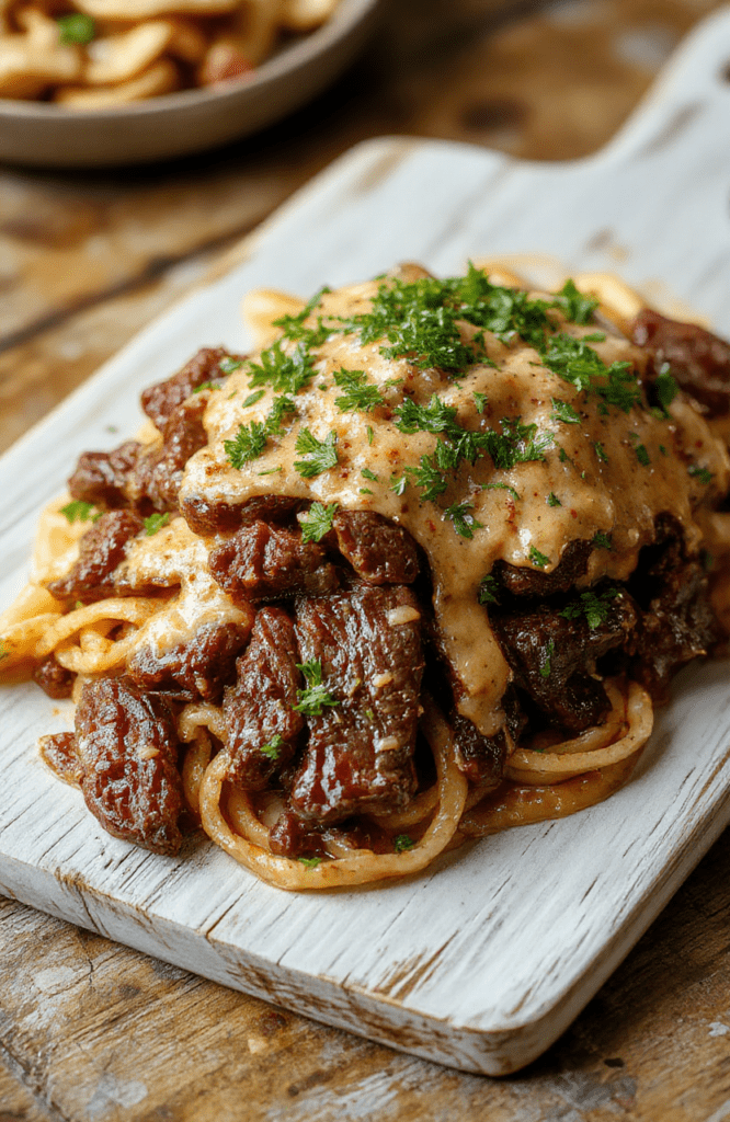 Golden-brown beef tips nestled in a rich, savory mushroom gravy, served over creamy egg noodles in a white ceramic bowl. Fresh parsley garnish sprinkled on top, with soft steam rising. Side of buttery greens on a napkin-lined wooden board in background.