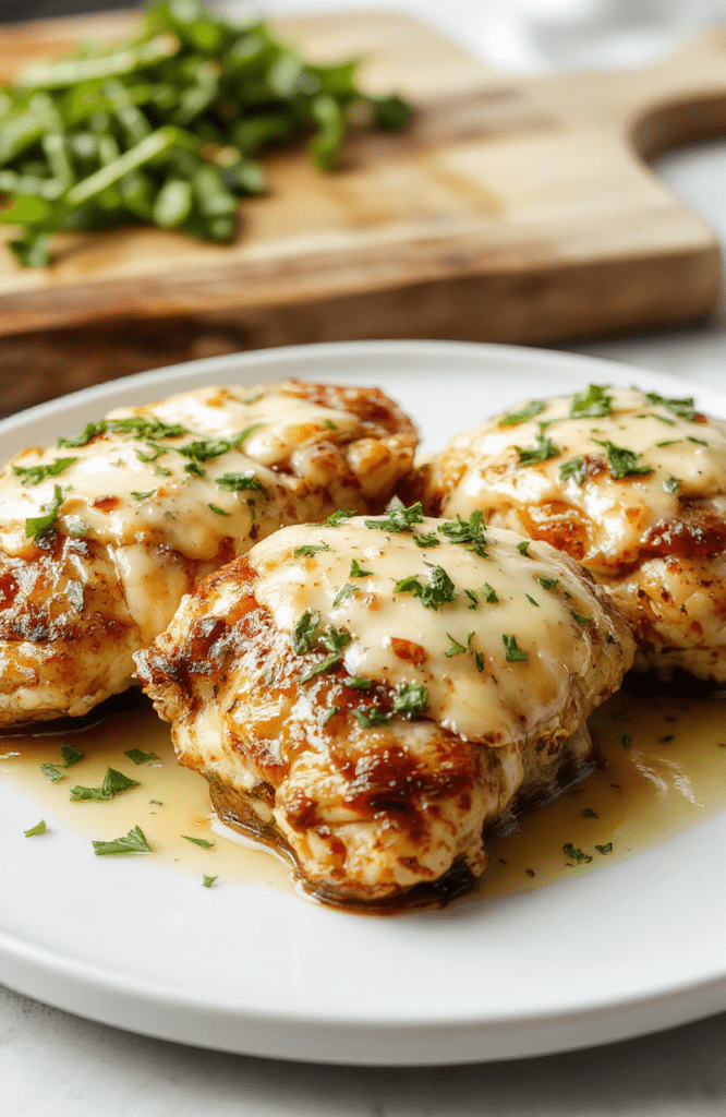 Juicy golden-brown chicken thighs glistening with glossy garlic butter sauce, garnished with fresh parsley and crispy roasted garlic cloves, served on a rustic white ceramic plate with light smoke rising, against a soft blurred kitchen background with wooden cutting board and scattered herbs.