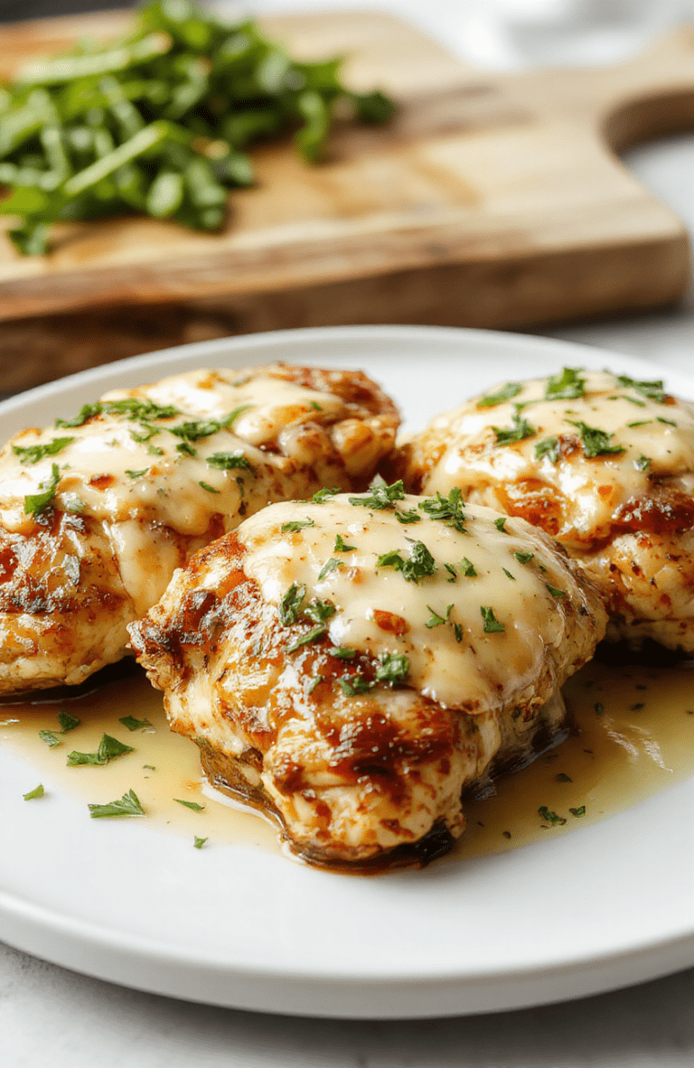 Juicy golden-brown chicken thighs glistening with glossy garlic butter sauce, garnished with fresh parsley and crispy roasted garlic cloves, served on a rustic white ceramic plate with light smoke rising, against a soft blurred kitchen background with wooden cutting board and scattered herbs.