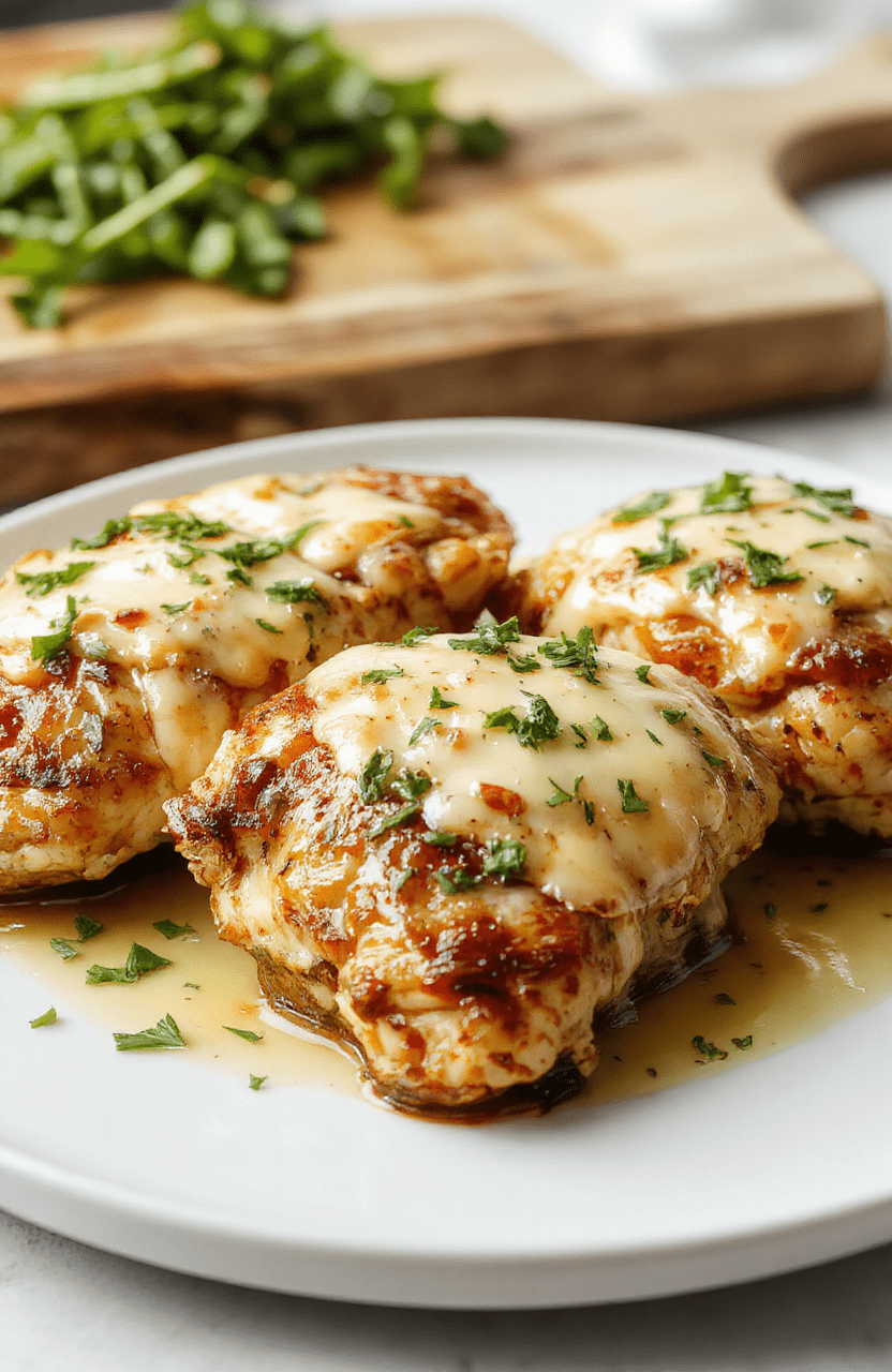 Juicy golden-brown chicken thighs glistening with glossy garlic butter sauce, garnished with fresh parsley and crispy roasted garlic cloves, served on a rustic white ceramic plate with light smoke rising, against a soft blurred kitchen background with wooden cutting board and scattered herbs.