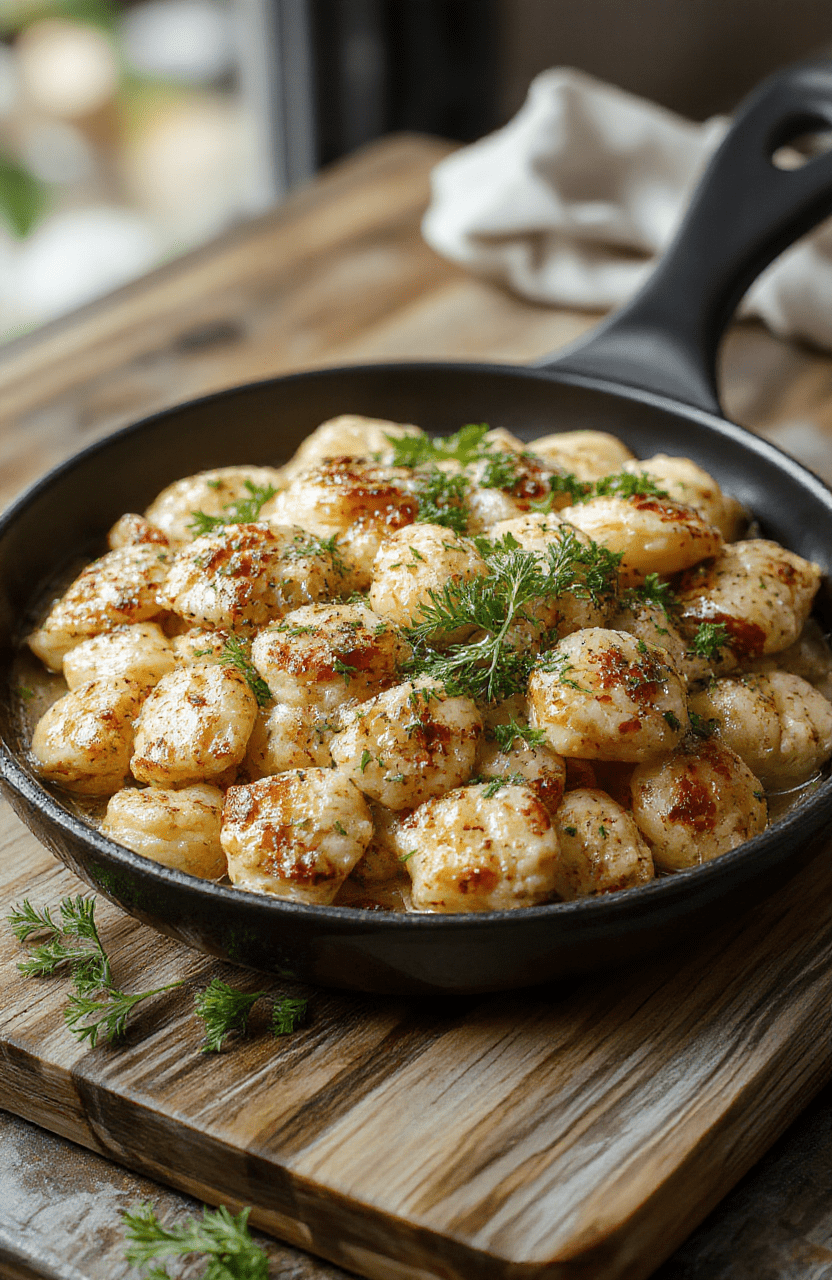 Golden-brown garlic chicken gnocchi skillet served in a cast iron pan, garnished with fresh parsley and parmesan, with soft, pillowy gnocchi and juicy chicken pieces, creamy sauce clinging to everything, viewed from above at a slight angle.