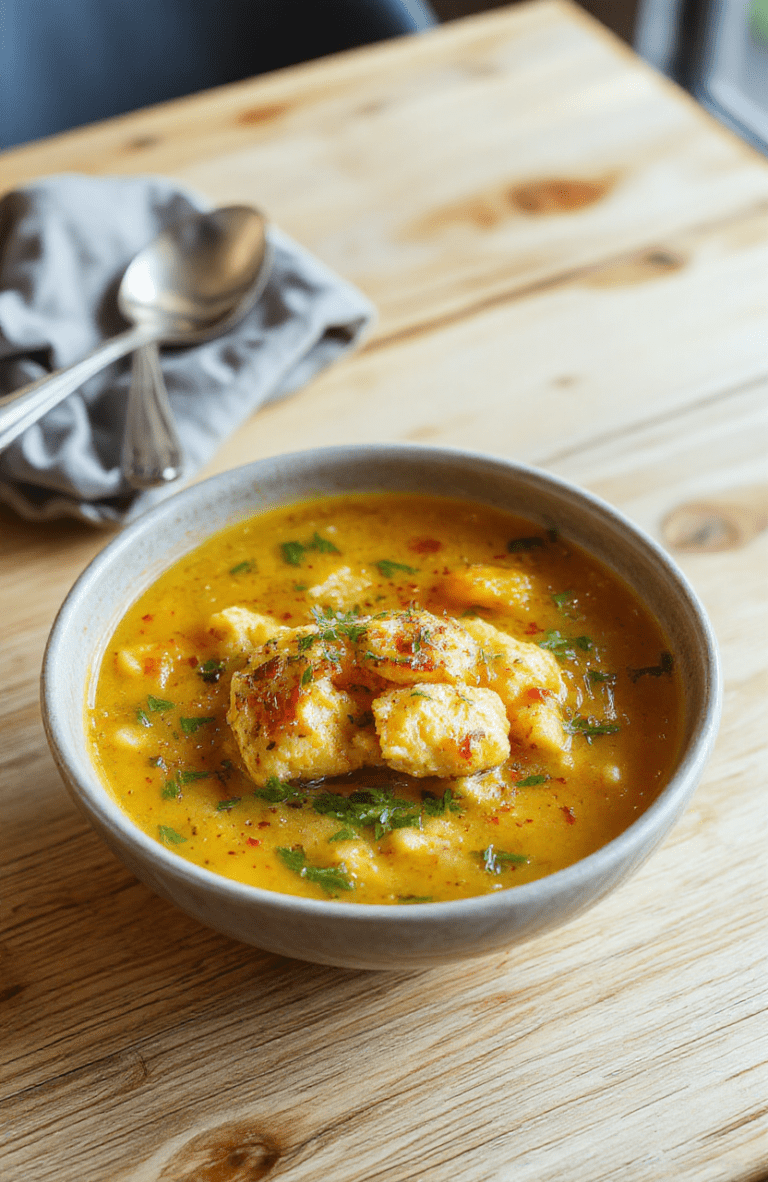 A steaming bowl of golden turmeric chicken soup with tender shredded chicken, vibrant orange-yellow broth, swirls of coconut milk, fresh kale leaves, grated ginger, and a sprig of parsley. Background is rustic wooden table with soft natural light and shallow depth of field.