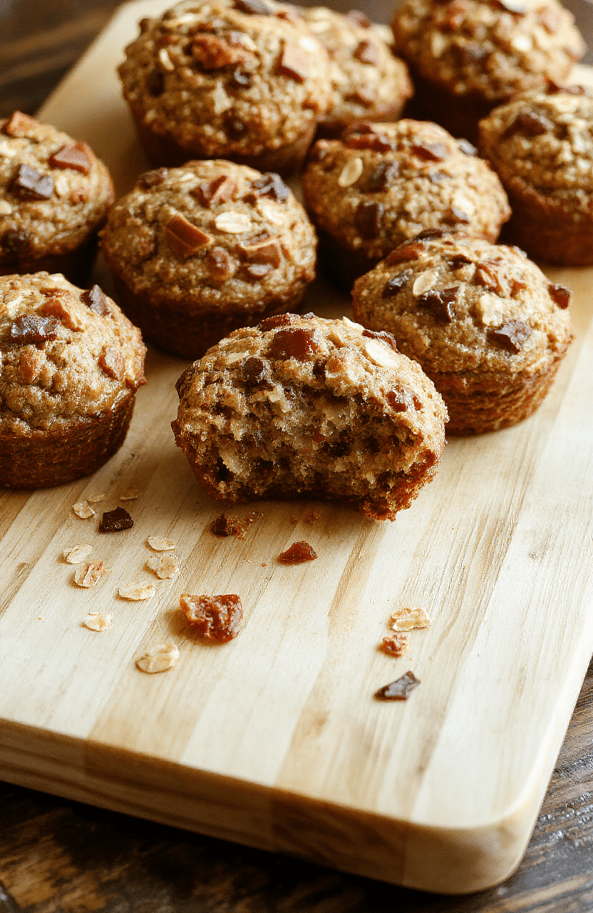 Three golden-brown banana oatmeal muffins on a white ceramic plate, topped with sliced banana and a sprinkle of oats, with soft crumbs around the edges, set on a natural wood cutting board with morning light casting gentle shadows.