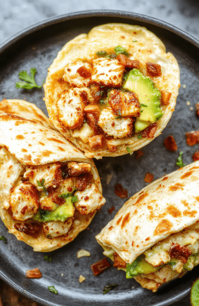 Fresh chicken breast slices wrapped in a whole wheat tortilla with creamy avocado slices, cherry tomatoes, crisp lettuce, and a drizzle of lime crema, served on a light wood表面 plate with natural sunlight and soft shadows.