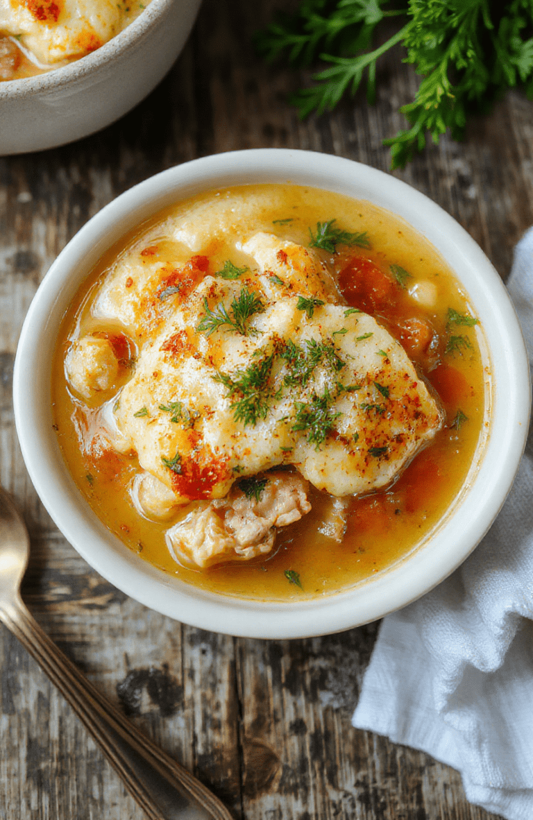 Creamy golden chicken pot pie soup in a rustic white ceramic bowl, garnished with fresh parsley and cracked black pepper, surrounded by small mounds of tender diced carrots, peas, and fluffy biscuit crumbles on a wooden table in natural light.