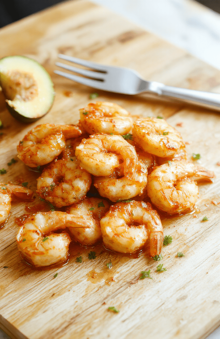 Plump pink shrimp glistening with glossy honey garlic glaze, garnished with chopped fresh parsley and sesame seeds, served on a white ceramic plate beside a small lemon wedge and a sprig of cilantro, on a light wooden cutting board background with soft natural light and subtle shadows.