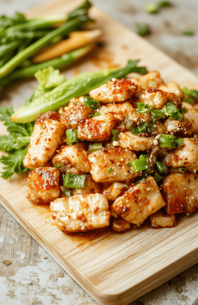 Golden-brown crispy sesame chicken tenders with vibrant bell peppers and broccoli in a glossy sesame-ginger glaze, served in a white ceramic bowl with a sprinkle of sesame seeds and sliced green onions, on a light wooden cutting board with natural daylight and soft shadows.