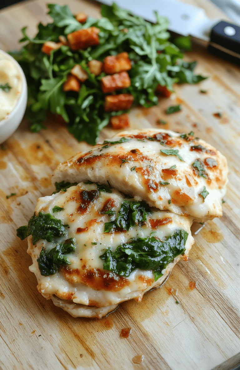 Juicy roasted chicken breast halved and stuffed with vibrant green spinach and fresh herbs, resting on a rustic wooden board with roasted cherry tomatoes and garlic cloves nearby, golden-brown crust glistening with olive oil, fresh parsley sprinkled on top.