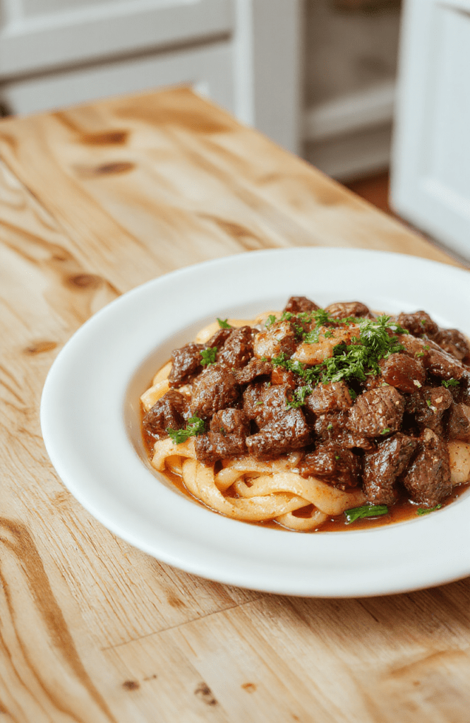A steaming bowl of tender beef chunks and wide egg noodles bathed in rich brown gravy, garnished with fresh parsley, placed on a rustic wooden cutting board with subtle grain, soft natural light from a window, shallow depth of field, minimal props, lower third empty for text overlay.