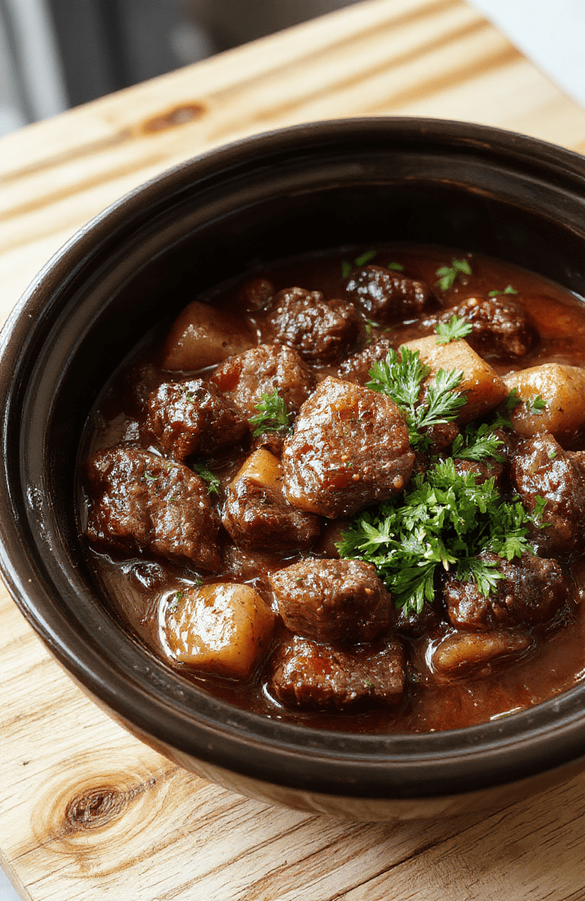 A rustic ceramic bowl filled with tender chunks of beef, carrots, potatoes, and onions swimming in a rich, deeply browned beef broth with visible herbs. Steam rises gently. Garnished with fresh parsley on the side. Background is a clean wooden table with soft, natural daylight and subtle shadows.