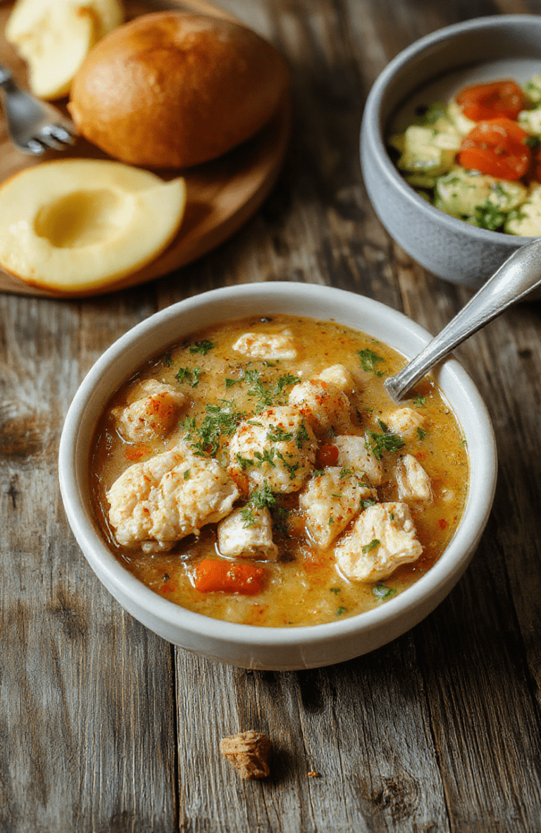 A steaming bowl of hearty chicken rice soup featuring tender shredded chicken, fluffy white rice, diced carrots, and celery in a creamy golden broth, garnished with fresh parsley, served in a rustic white ceramic bowl on a wooden table.