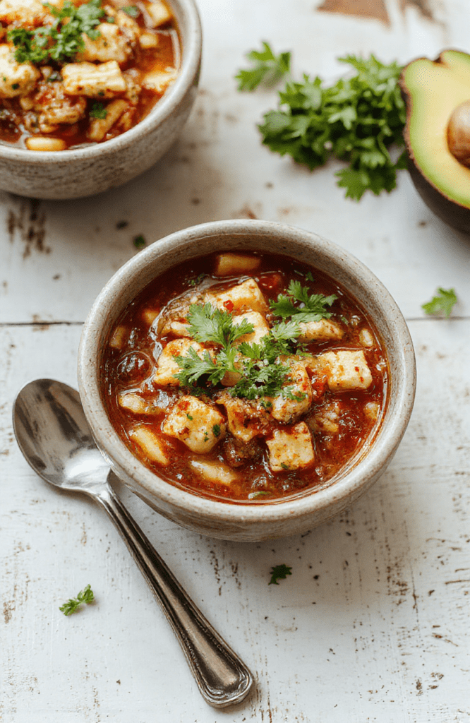 Hearty chicken tortilla soup in a rustic ceramic bowl, topped with crispy tortilla strips, fresh cilantro, diced avocado, shredded cheddar cheese, and a dollop of sour cream, served on a light oak wood table with soft natural daylight and shallow depth of field