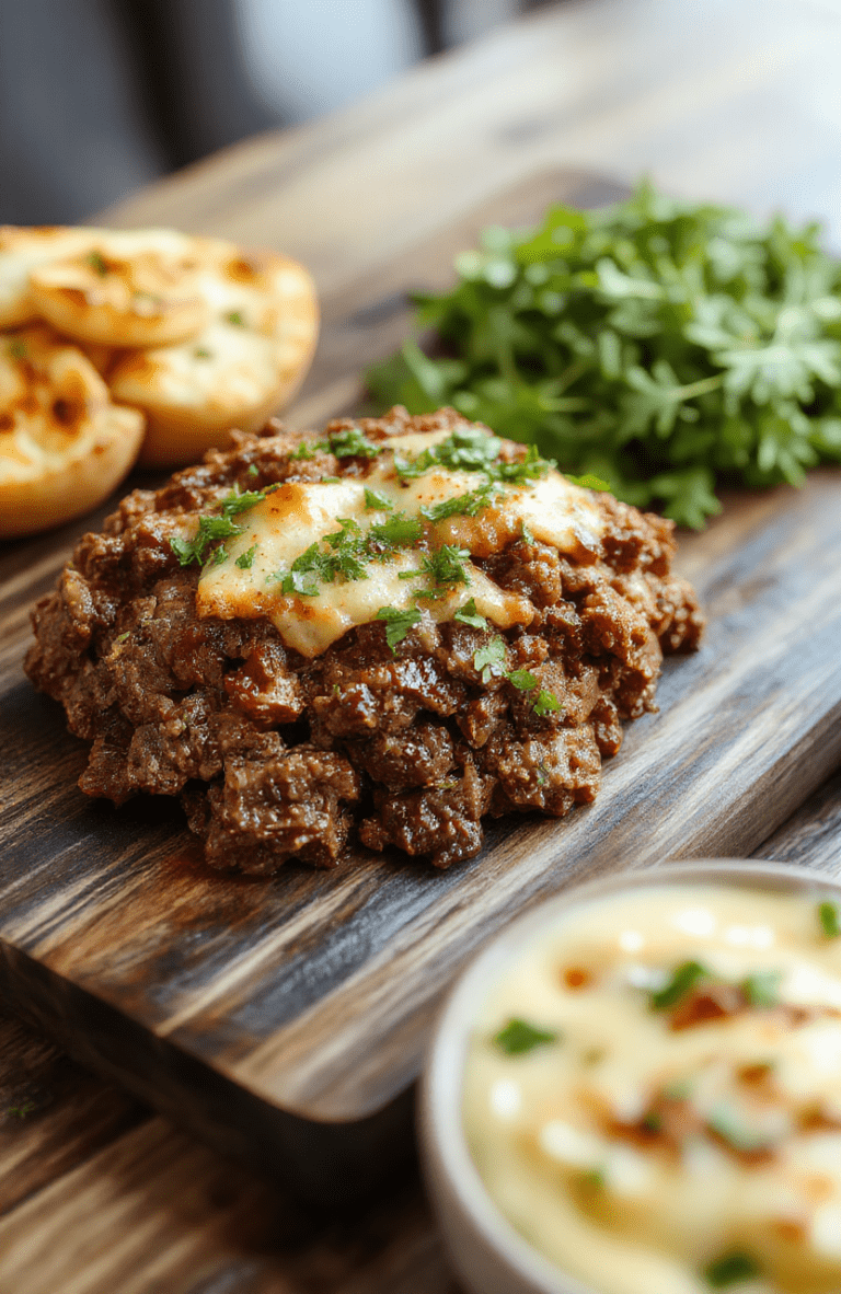 A rustic foil-wrapped one-pan casserole with golden-brown ground beef, soft diced potatoes, sweet bell peppers, onions, and melted cheddar cheese bubbling on top, served on a simple wooden board with fresh parsley garnish and a side of ketchup in a tiny ramekin.