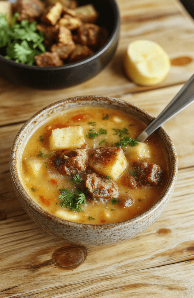 Creamy white soup with chunks of tender potatoes and crumbled brown sausage in a rustic ceramic bowl, garnished with fresh green parsley and cracked black pepper, steam rising, set on a light oak table with soft shadows and cozy natural light