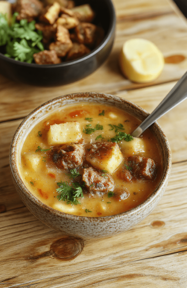 Creamy white soup with chunks of tender potatoes and crumbled brown sausage in a rustic ceramic bowl, garnished with fresh green parsley and cracked black pepper, steam rising, set on a light oak table with soft shadows and cozy natural light