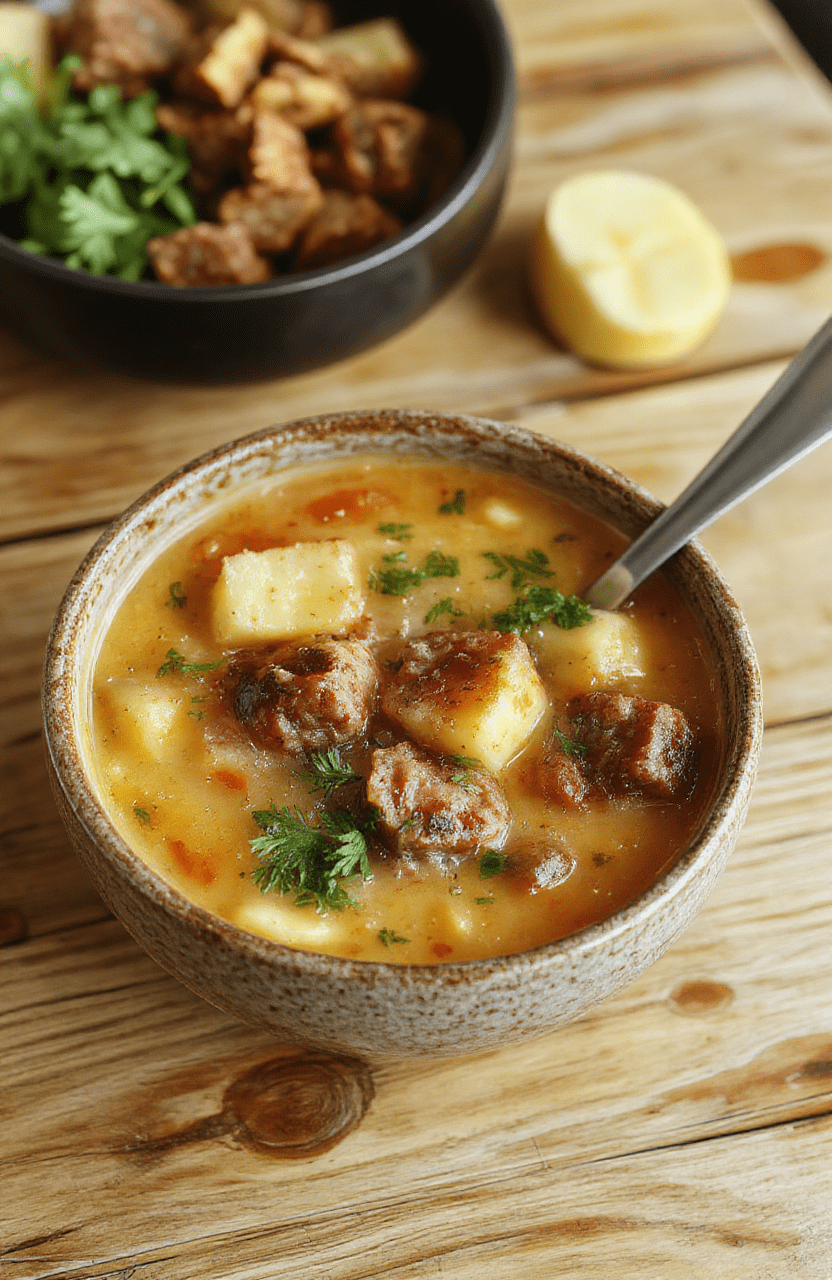 Creamy white soup with chunks of tender potatoes and crumbled brown sausage in a rustic ceramic bowl, garnished with fresh green parsley and cracked black pepper, steam rising, set on a light oak table with soft shadows and cozy natural light
