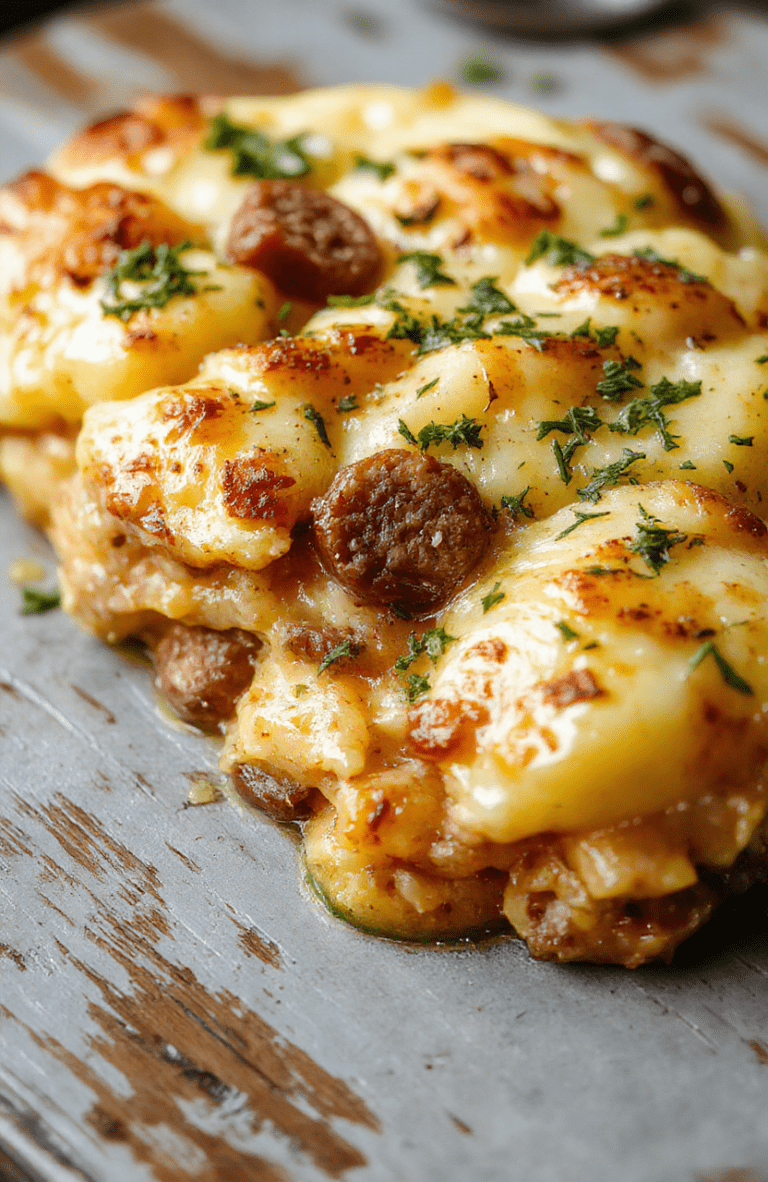 A golden-brown, cheesy baked casserole in a deep ceramic dish, topped with crispy chopped potatoes and parsley, surrounded by sliced fresh potatoes, sweet peppers, and browned sausage rounds on a rustic wooden table.