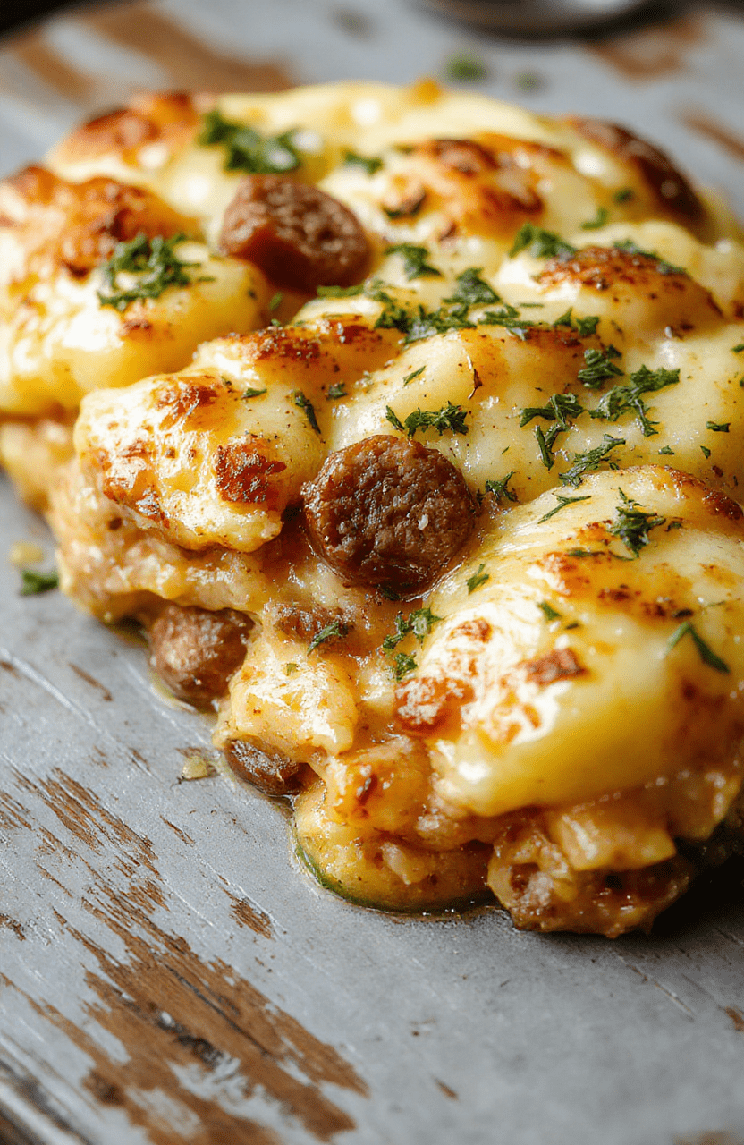 A golden-brown, cheesy baked casserole in a deep ceramic dish, topped with crispy chopped potatoes and parsley, surrounded by sliced fresh potatoes, sweet peppers, and browned sausage rounds on a rustic wooden table.