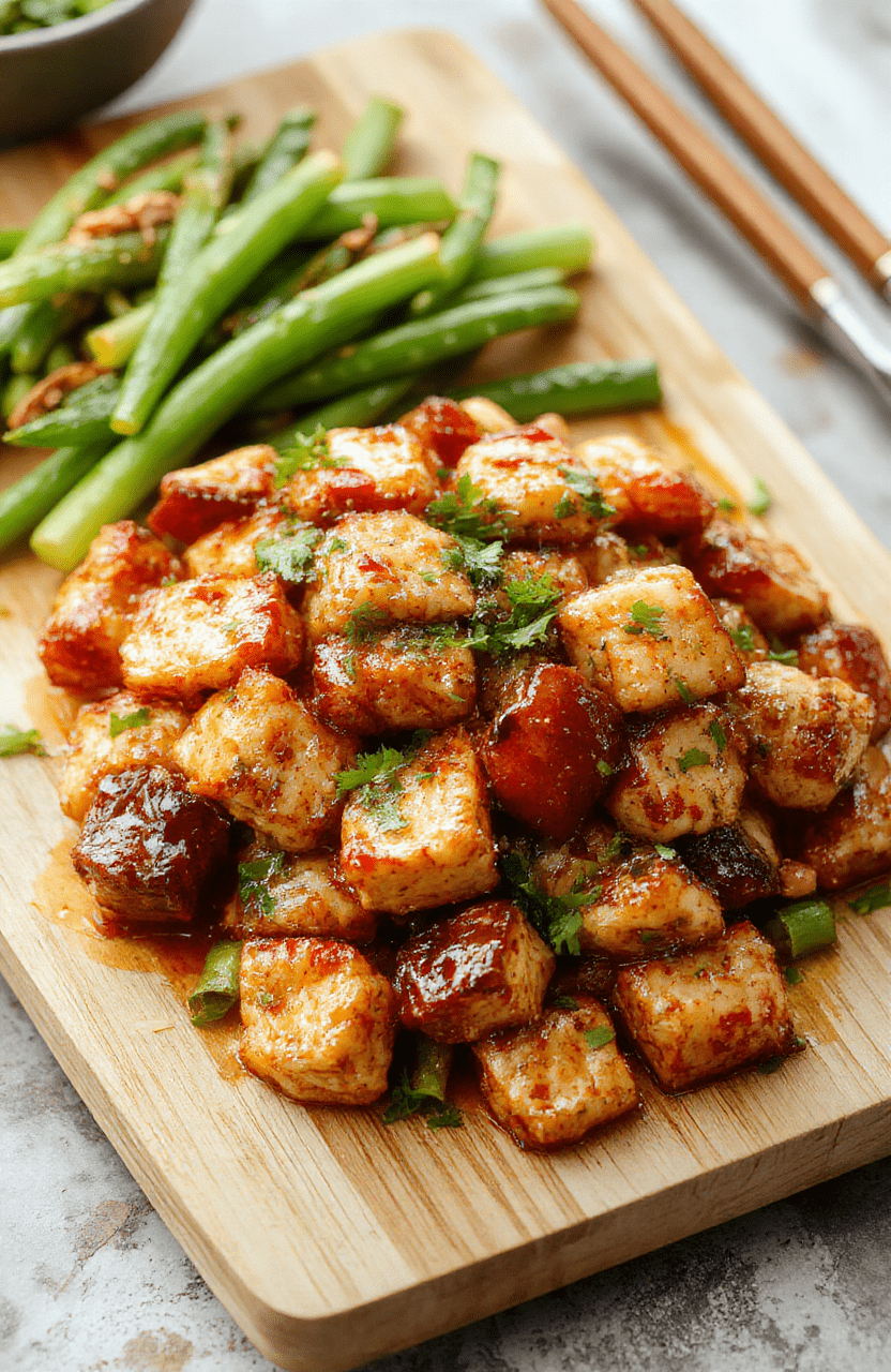 A vibrant high-protein chicken stir fry served in a white ceramic bowl with steamed broccoli, bell peppers, snap peas, and grilled chicken strips, garnished with sesame seeds and green onions, on a rustic wooden table with soft natural lighting.