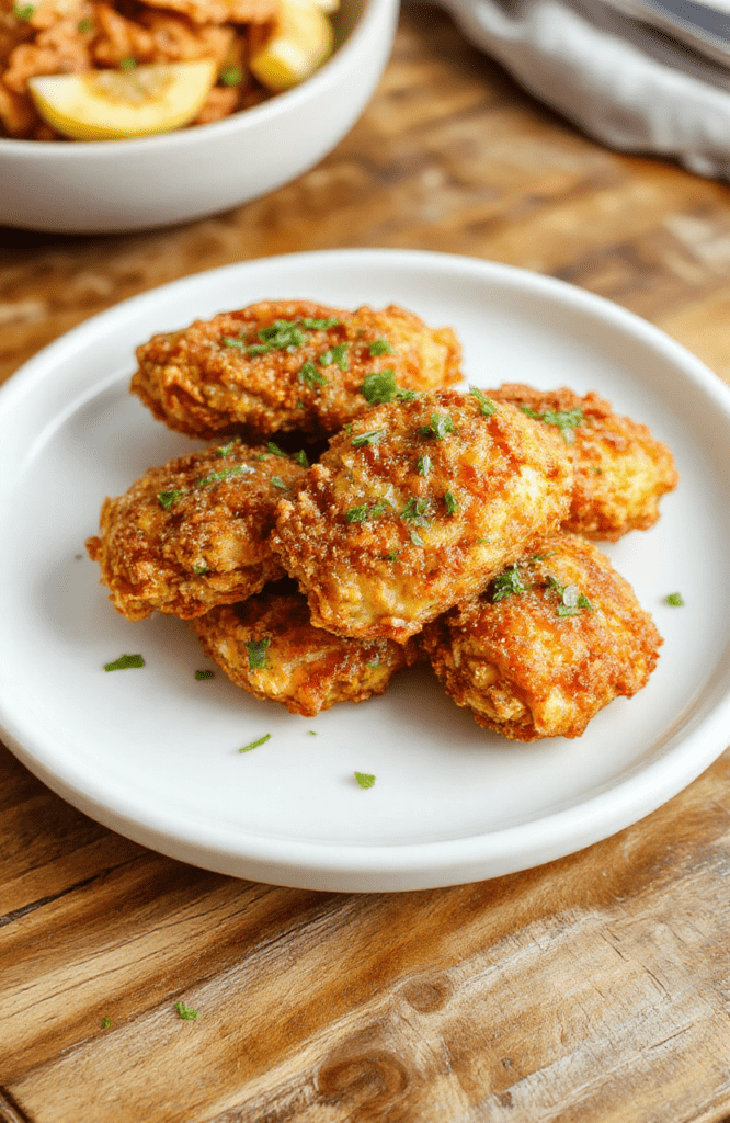 Golden-brown, crispy chicken tenders with a light panko-and-seasoned flour coating, placed on a white ceramic plate with a side of golden french fries and a dollop of tangy honey-mustard sauce in a small ramekin. Soft natural light highlights the crunch, with slight steam rising from the fresh chicken. Plain wooden cutlery rests beside the plate.