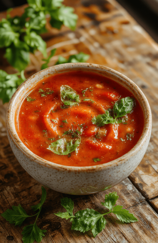 Velvety homemade tomato soup in a white bowl, garnished with fresh green basil leaves, a swirl of cream, and a drizzle of olive oil. Soft steam rises from the surface, Set against a rustic wooden table with subtle shadows and natural daylight.