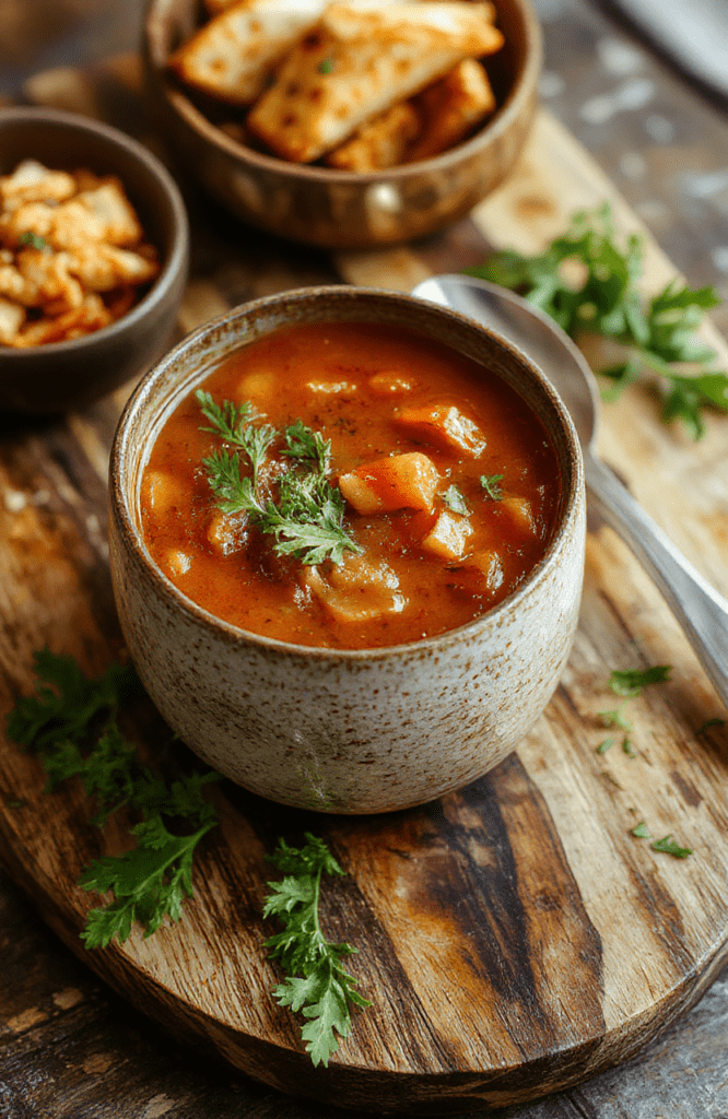 A steaming bowl of vibrant red tomato soup with a swirl of fresh basil and a sprinkle of cracked black pepper, served next to a crusty grilled cheese sandwich with golden-brown, melty cheese oozing out.