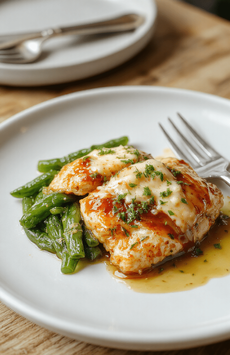 Golden-brown pan-seared chicken breasts glazed with glossy honey butter sauce, sprinkled with fresh parsley and garlic, resting beside vibrant roasted green beans with a light char, served on a rustic ceramic plate with soft natural shadows and minimal styling.