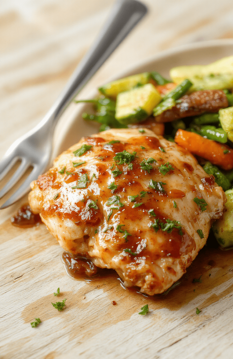 Juicy honey garlic glazed chicken thighs glistening with glossy sticky sauce, arranged beside roasted broccoli and bell peppers on a rustic ceramic plate, garnished with sesame seeds and chopped green onions, on a light oak wooden table with soft natural lighting.