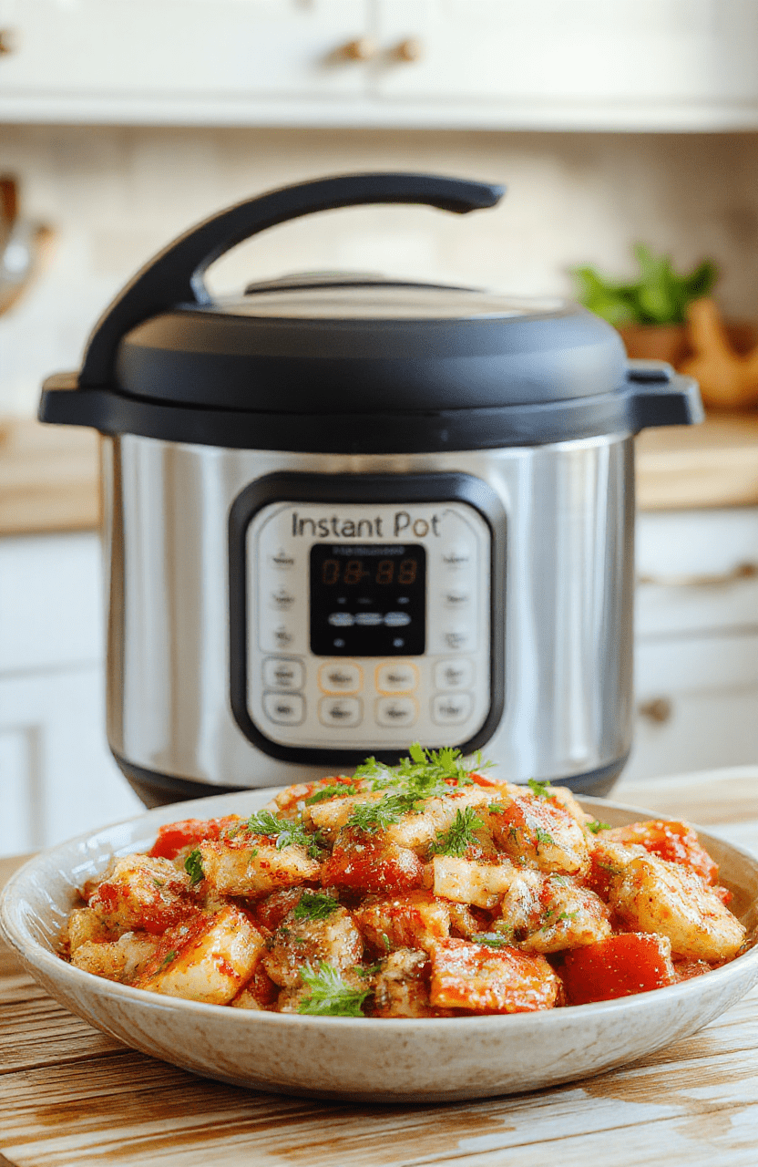 A tidy electric pressure cooker on a laminate kitchen counter, lid open revealing a glossy chicken and vegetable stew with carrots, potatoes, and herbs; steam rises gently; natural light from a nearby window casts soft shadows; wooden spoon rests on the counter beside a handwritten quick-cook cheat sheet.