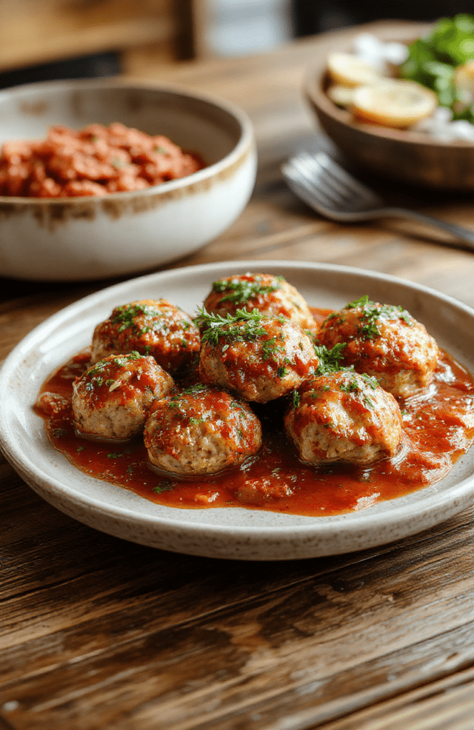 Golden-brown juicy turkey meatballs nestled in a pools of rich red marinara sauce, garnished with fresh parsley, served alongside al dente spaghetti on a rustic white ceramic plate against a soft wooden table in natural light.
