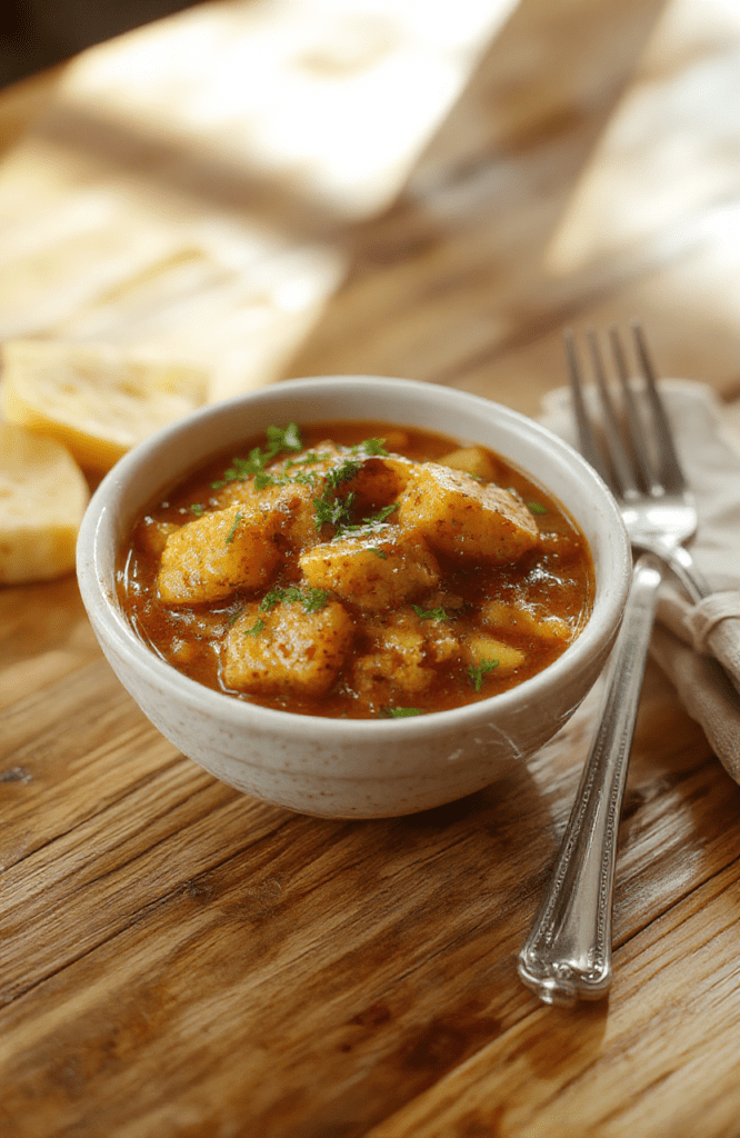 A vibrant, steaming bowl of comforting keema aloo curry: browned minced meat and golden-brown potato chunks simmered in a rich, spicy tomato-based sauce with visible cumin seeds, fresh cilantro, and green chilies, served in a traditional ceramic bowl against a soft linen background.