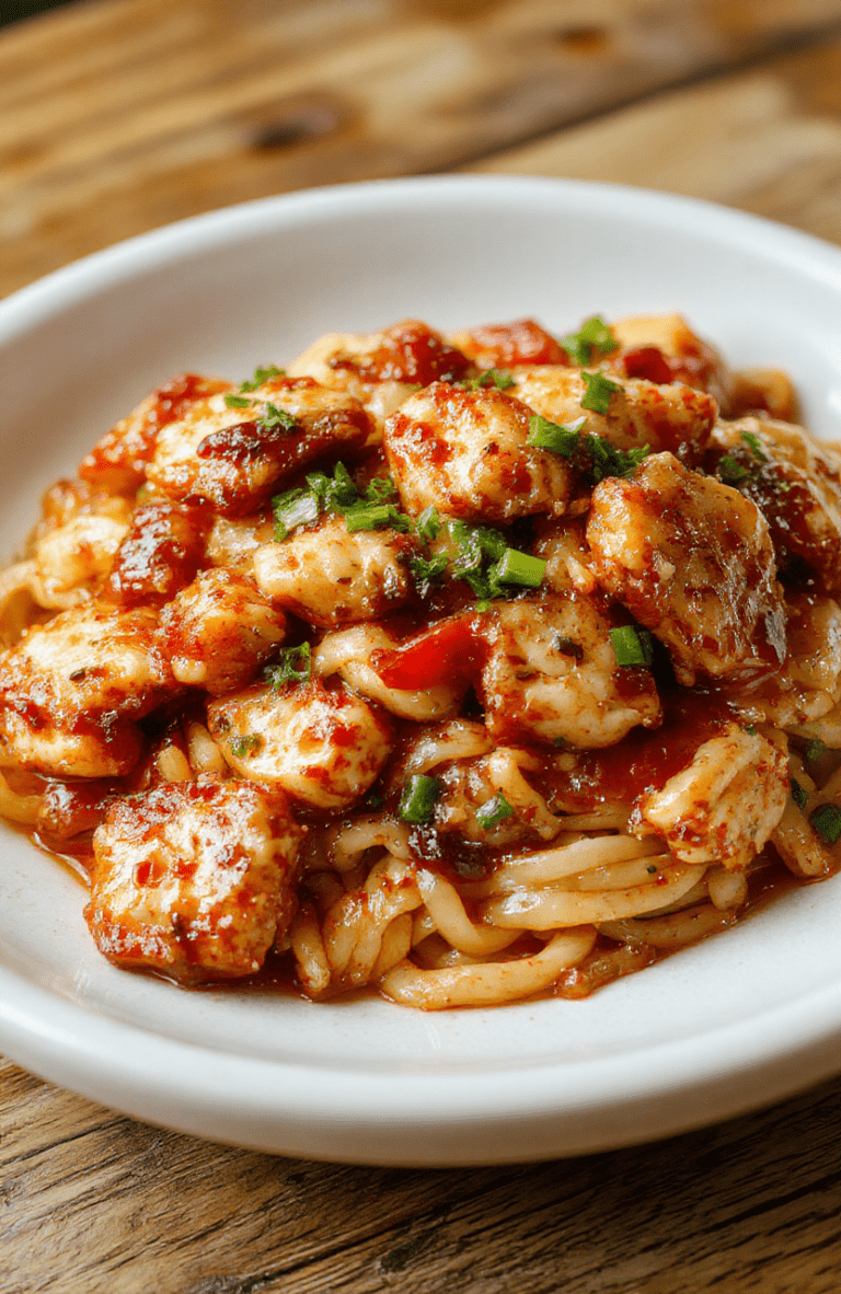 A vibrant bowl of freshly stir-fried kung pao noodles with tender diced chicken, crunchy peanuts, colorful bell peppers in red, green, and yellow, and dried chilies glistening with glossy brown sauce, topped with sliced scallions on a white ceramic plate with a sprinkle of toasted sesame seeds.