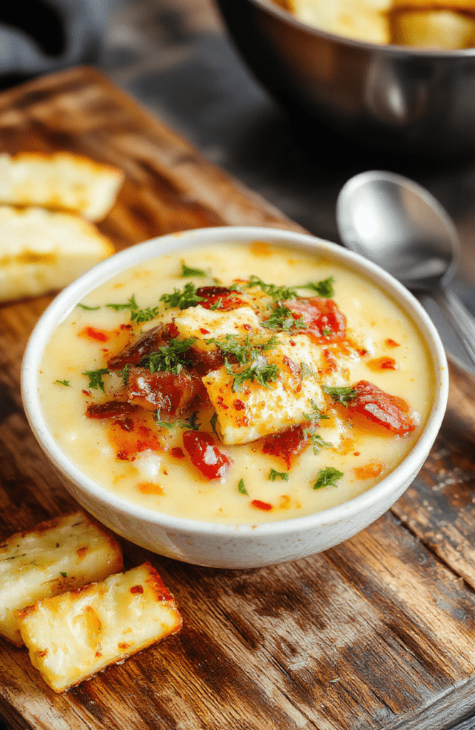 A steaming bowl of creamy loaded potato soup with visible chunks of tender potatoes, crumbled bacon, shredded cheddar cheese, and chopped green onions, garnished with dollops of sour cream and a sprinkle of chives, served in a rustic white ceramic bowl on a wooden table with soft natural lighting.