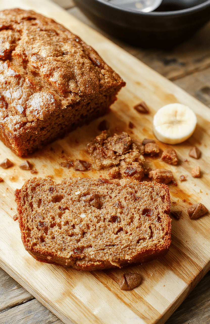 Rustic banana bread loaf on a wooden cutting board, golden brown crust with cracks revealing soft, moist interior streaked with ripe banana flecks, topped with banana slices and a dusting of cinnamon, natural light from window, soft shadows, close-up with shallow depth of field