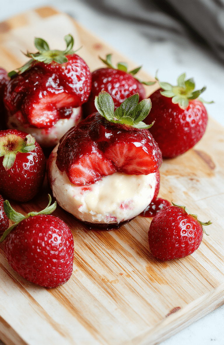 Fresh red strawberries halved and nestled in a muffin tin, each filled with creamy vanilla cheesecake mixture topped with a drizzle of strawberry sauce and a mint leaf, on a clean white ceramic plate against a soft naturalwood background