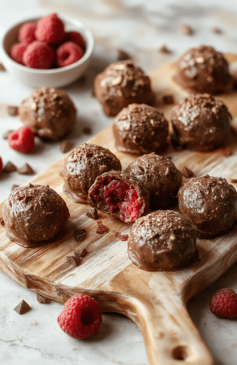 Glossy dark chocolate truffles with vibrant ruby-red raspberry centers, dusted with powdered sugar, arranged on a rustic wooden board with fresh raspberries and chocolate shavings, natural light, shallow depth of field, soft shadows